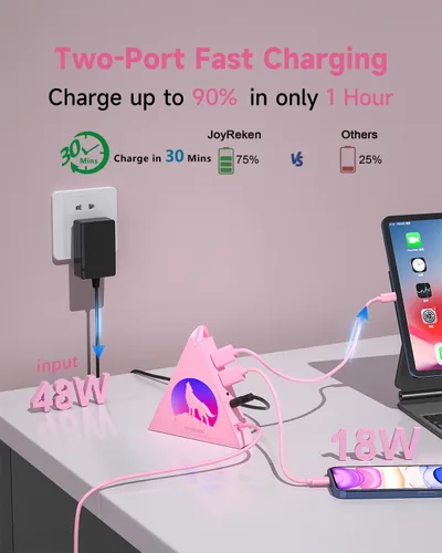 Vista 3 de Hub USB 3.0 alimentado, concentrador de 6 puertos (4 puertos de datos USB 3.0 + 2 puertos de carga inteligente) con adaptador de CA de 48 W, luz Rosa