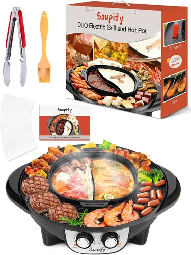Vista 5 de Olla caliente 2 en 1 con parrilla, parrilla eléctrica coreana para barbacoa, control de temperatura dual independiente y sartén antiadherente