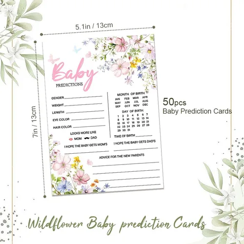 Vista 3 de 50 tarjetas de predicción de bebé para juegos de baby shower, tarjetas de deseos y consejos de flores silvestres con caja para decoraciones de baby