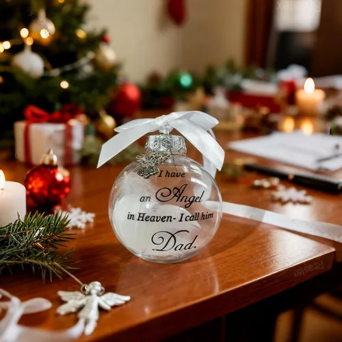 Vista 4 de Adornos de bola para árbol de Navidad, bola de plumas transparente, adorno conmemorativo de ángel, tengo un ángel en el cielo, lo llamo papá