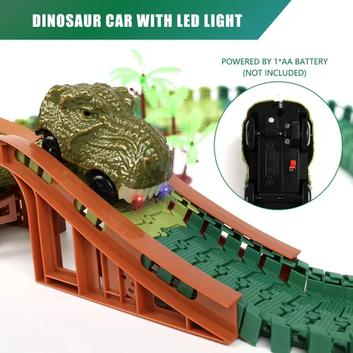 Vista 8 de Jurassic Dinosaur Toys - Carrera de autos de carreras para niños de 4 a 7 años, dinosaurio World Road Race – Juego de pista de tren flexible con 2