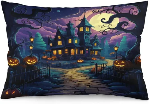 Vista 7 de Fundas de almohada frescas de casa embrujada, castillo, luna, bosque medieval, calabaza, fundas de almohada rectangulares con cremallera invisible