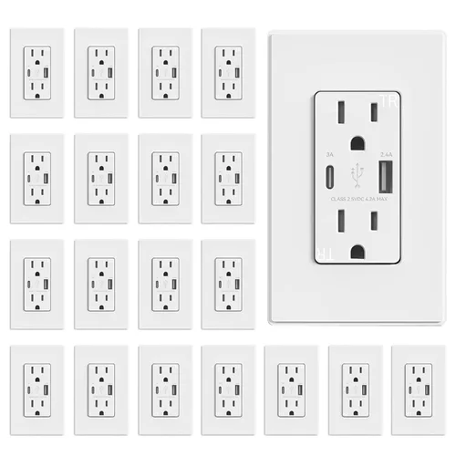Vista 39 de ELEGRP Cargador USB de pared, receptáculo USB con puertos USB tipo A y tipo C, enchufe dúplex de 15 amperios resistente a manipulaciones NEMA 5-15R