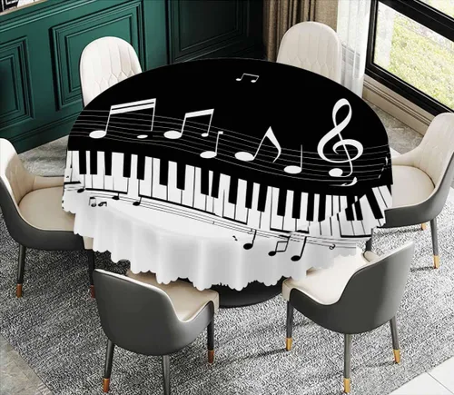 Vista 3 de IBILIU Mantel redondo de música, teclas de piano, notas musicales, color blanco y negro, resistente al agua, de poliéster, mantel decorativo
