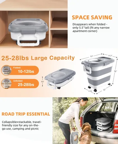 Vista 7 de HOYTAMDAR Recipiente para almacenamiento de alimentos para perros de 25-28 libras, recipiente plegable para alimentos de perro, ruedas, asa