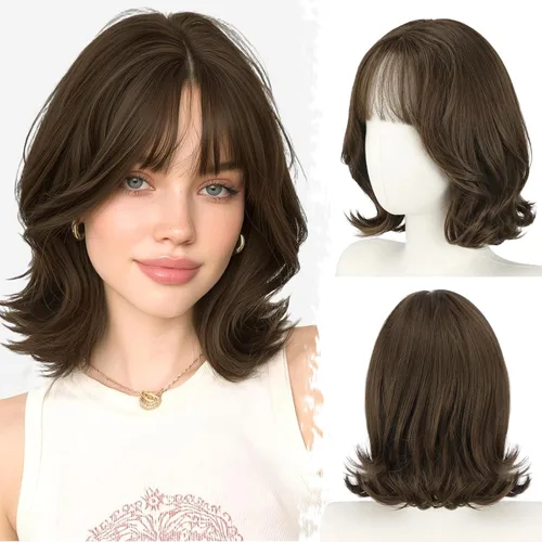 Vista 22 de BARSDAR Synthetic Short Layered Brown Highlights Bob Wig with Wispy Bangs