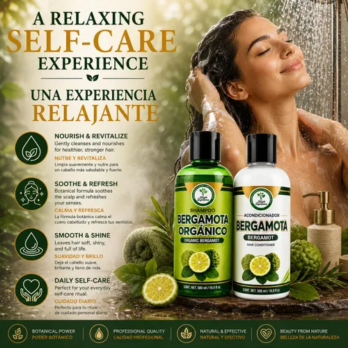 Vista 4 de Champú Orgánico Bergamota + Acondicionador (16.9 fl oz) con Aloe Vera y Romero CHAMPÚ ORGÁNICO BERGAMOTA con Sábila & Romero + Acondicionador
