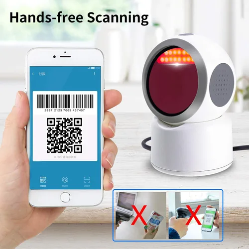 Vista 3 de Escáner de código de barras QR 2D, symcode Omnidireccional Manos Libres USB Lector de Código de Barras Automático para Pagos Móviles Computadora