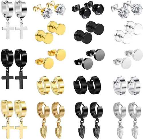 Vista 10 de OIDEA 12/14/15/18 pares de aretes para hombre: aretes de acero inoxidable para hombre, juego de aretes de aro colgantes con cruz, regalo de joyería
