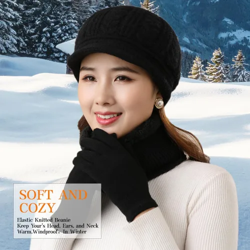 Vista 2 de Gorro de invierno para mujer, con forro polar, cálido, tejido, holgado, con visera