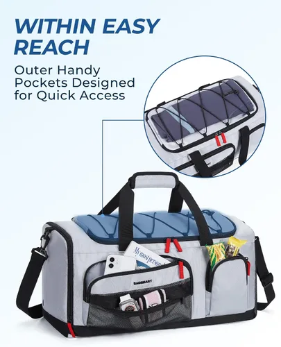 Vista 9 de BAGSMART Sports - Bolsa de viaje para gimnasio, bolsa de lona impermeable para hombres y mujeres, bolsa de entrenamiento de fin de semana, Gris