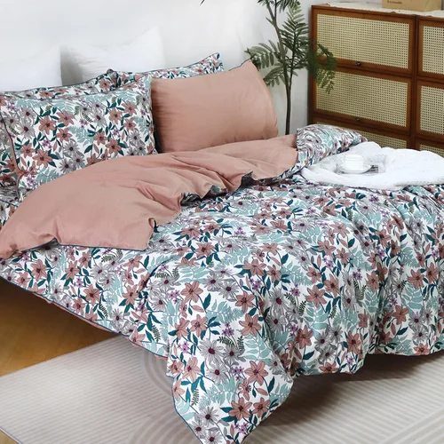 Vista 33 de Helthep Funda de edredón floral tamaño Twin, 100% algodón, con estampado de flores rosas, funda de edredón vintage botánica con hojas verdes, funda
