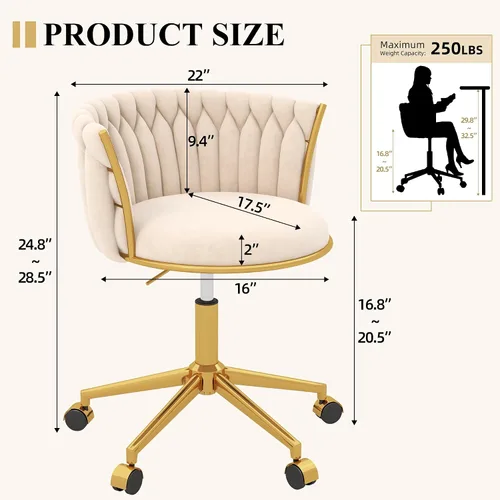 Vista 2 de Silla de escritorio de terciopelo, moderna silla de oficina con ruedas, sillón giratorio de tocador para el hogar con respaldo tejido, asiento