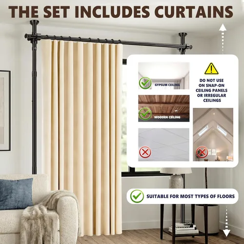 Vista 4 de Juego de cortinas divisoras de habitación, sin taladro, con barra retráctil, sin herramientas, para dormitorio, color beige, 100 pulgadas de ancho x