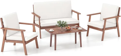 Vista 12 de Tangkula Juego de 4 piezas para conversación al aire libre, juego de sofá de madera de acacia con cojines de asiento y respaldo suaves, mesa Gris