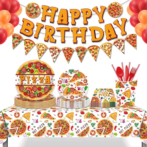 Vista 5 de Lide Road Mantel para fiesta de pizza, 2 piezas, con temática de pizza, decoración de fiesta de cumpleaños, cubierta de plástico desechable