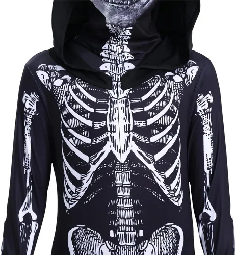 Vista 7 de Disfraz unisex de esqueleto con capucha de esqueleto para fiesta de Halloween