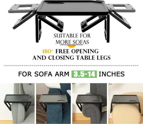 Vista 7 de Smatdecis Bandeja de brazo para sofá, mesa de clip para brazos, mesa de bandeja para reposabrazos adecuada para bebidas caseras, comida rápida, Negro