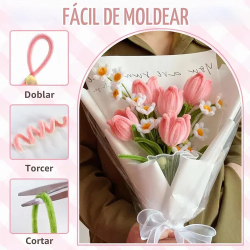 Vista 2 de Limpiapipas rosas para hacer flores, 500 tallos de chenilla esponjosos Esquema de color de flores rosadas