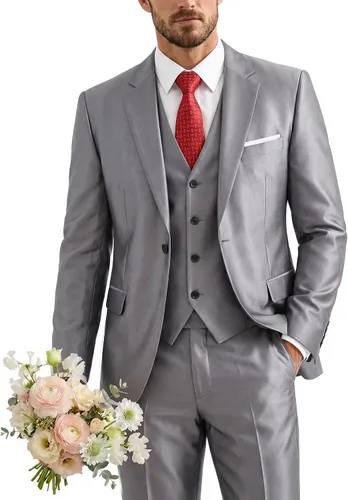 Vista 18 de Traje de 3 piezas para hombre con corbata, chaleco sólido de un botón y beige (529-beige)