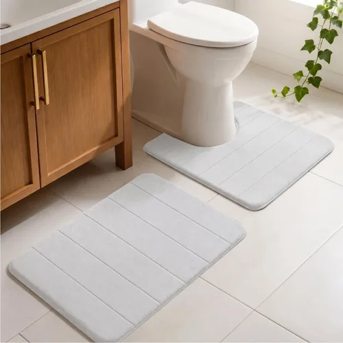 Vista 13 de Juego de 2 alfombras de baño de espuma viscoelástica, súper suaves, absorbentes, de secado rápido, alfombras de baño de espuma viscoelástica