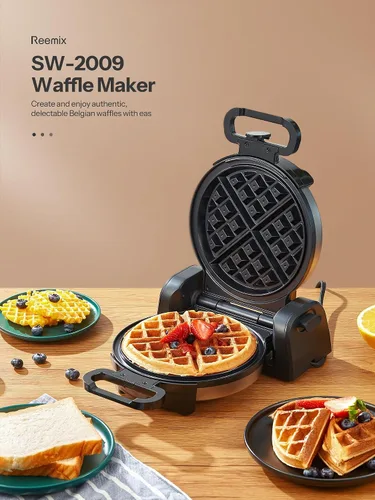 Vista 7 de Máquina para hacer gofres, plancha redonda clásica belga para gofres con diseño giratorio de 180°, placas antiadherentes y mango de tacto frío
