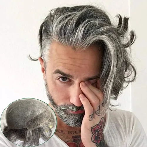 Vista 11 de Voloria Toupee para hombres 100% cabello humano europeo suizo frente encaje frontal natural piezas de cabello 0.003 in piel fina PU V-looped sistema