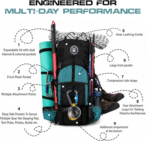Vista 5 de Expedition - Mochila de senderismo con marco interno de 80 litros, ligera, impermeable, mochila de senderismo y campamento con cubierta para lluvia