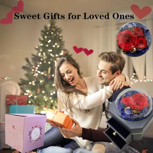 Vista 4 de QREIHLPY Joyero de flores preservadas, caja organizadora de joyas con doble cajón con patas de goma antideslizantes suaves, regalos para mujeres
