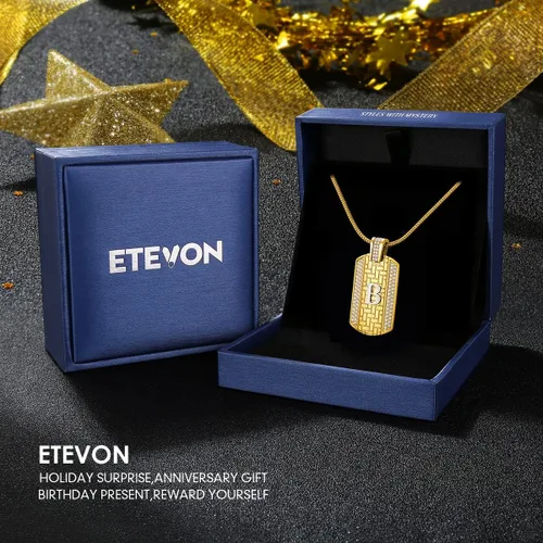 Vista 5 de ETEVON 18K Gold Plated Initial Necklace Gold Stainless Steel Letter Pendant Necklace Hip Hop Square Chain Jewelry Gift for Men Boy Birthday