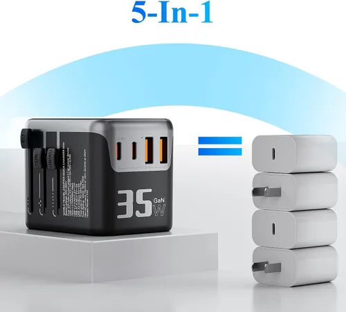 Vista 7 de Minthouz Adaptador de viaje universal, adaptador de corriente internacional de 35 W, cargador rápido GaN PD con 2 puertos USB-C PD y 2 puertos