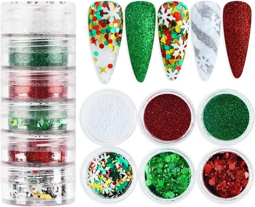 Vista 4 de Árbol de Navidad con copos de nieve 3D para árbol de Navidad, lentejuelas mezcladas de 3 colores con purpurina en polvo hexagonal con purpurina