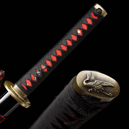 Vista 5 de OYZ - Espada Katana de samurái japonesa, templada en arcilla, acero T10, Choji Hamon real, espada con Tsuba, hoja afilada, espada completa hecha a