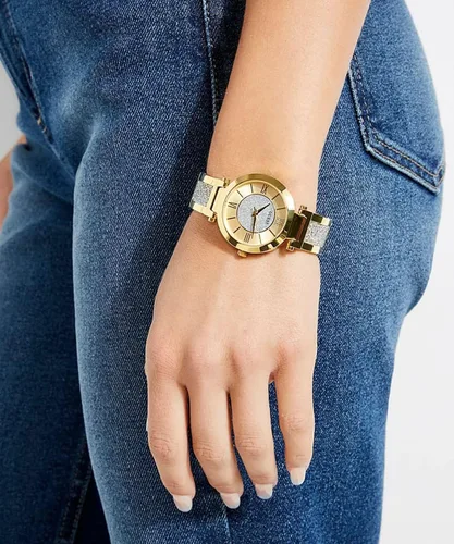 Vista 5 de GUESS Reloj analógico de cuarzo para mujer con correa de acero inoxidable W1288L2, dorado, pulsera, Oro, Pulsera