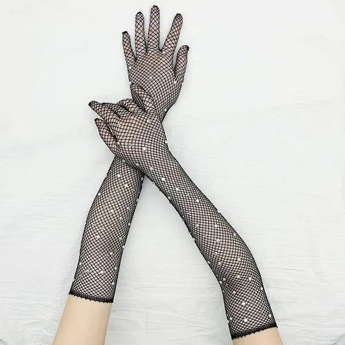 Vista 2 de Specell Womens Mesh Rhinestone Gloves Fishnet Sparkly Glitter Opera Highly Elastic Gloves Length 19" For Party Halloween Etc