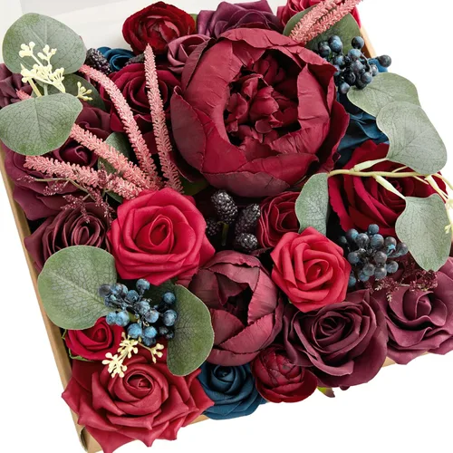 Vista 18 de Ling's moment Combo de flores artificiales de boda, caja de vegetación falsa para ramos de bricolaje, centros de mesa, decoración de espuma de rosa