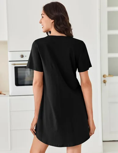 Vista 6 de Ekouaer Camisones para mujer de algodón Vestidos de noche Plisados Camisones Henley Cuello en V Camisas de dormir de manga corta Ropa de dormir