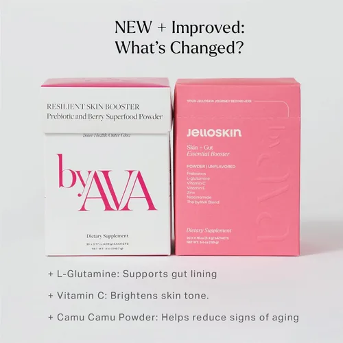 Vista 4 de byAVA Jelloskin Skin + Gut Essential - Polvo de refuerzo prebiótico L-glutamina 1500 mg, vitamina C, zinc, niacinamida 30 porciones Piel