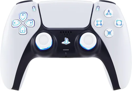 Vista 8 de eXtremeRate Multicolores luminosos Dpad Thumbstick Compartir Home Face Botones para controlador PS5, botones de símbolos clásicos blancos DTF V3 LED