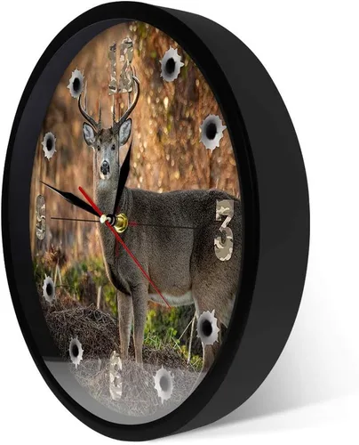 Vista 3 de The Geeky Days Deer Hunter Cámara Sniper Big Buck Reloj de pared redondo con marco de metal, decoración de caza, vida silvestre, arte animal