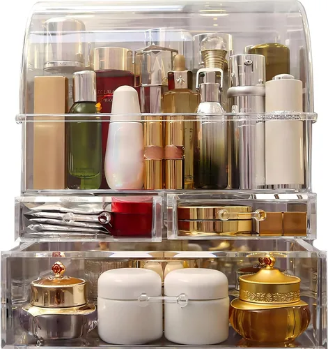 Vista 8 de Organizador de maquillaje acrílico grande transparente con tapa, cajones de almacenamiento de cosméticos, organizadores de maquillaje portátiles