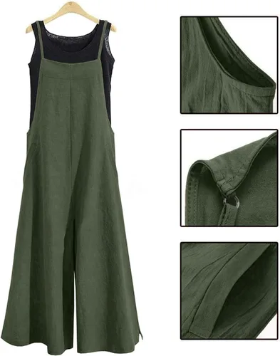 Vista 4 de YESNO Enterizo holgado de estilo informal con pechera larga, overol con pantalones largos de pierna ancha, rómper de algodón y con bolsillos