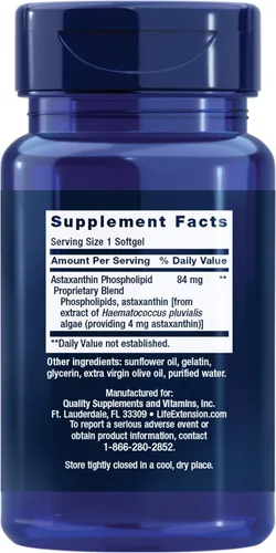 Vista 2 de Life Extension Astaxanthin with Phospholipids – Antioxidant Support, Eye Health – Algae-Derived – Gluten-Free, Non-GMO – 30 Softgels