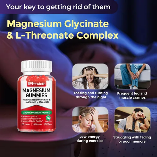 Vista 5 de Complejo de magnesio liposomal de 190 mg para niños por porción, glicinato de magnesio con L-treonato, vitamina D3, CoQ10, gomitas de L-treonato