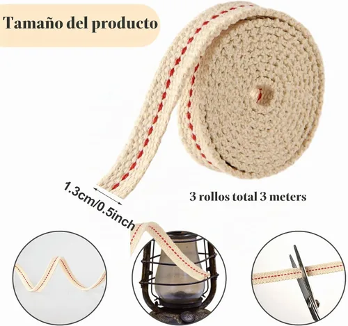 Vista 3 de 3 rollos de mechas de linterna, 10 pies y 1/2 pulgadas, de algodón, de repuesto, linternas de aceite con puntada para lámparas de aceite, faroles