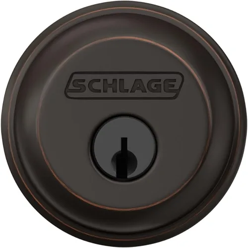 Vista 6 de Schlage Single Cylinder Front Door Deadbolt, Aged Bronze Cerrojo de un solo cilindro con llave exterior y giro en el interior, ajuste universal