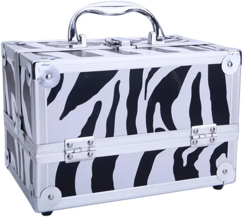 Vista 2 de Caja de tren de maquillaje de aluminio ligero, joyero, organizador de cosméticos con espejo (9.06 x 5.91 x 5.91) (largo x ancho x alto) cebra