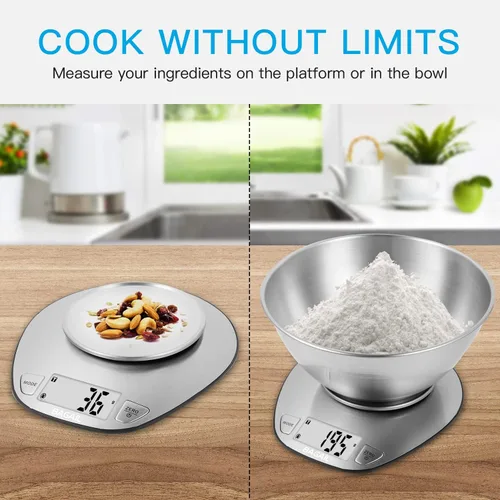 Vista 3 de BAGAIL - Báscula digital de cocina con cuenco de acero inoxidable, 11 lb/5kg 7 Weight Units, Large Clear Display, Gram Scale, For Baking &