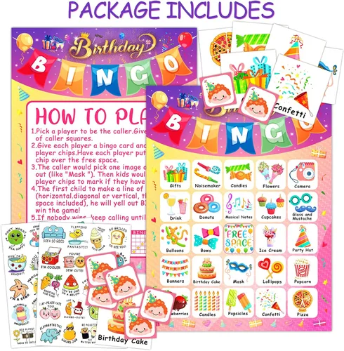 Vista 2 de YTSQLER Tarjetas de bingo de feliz cumpleaños, 24 jugadores, fiesta de cumpleaños, juego de bingo para niños, niñas y adultos, divertido juego