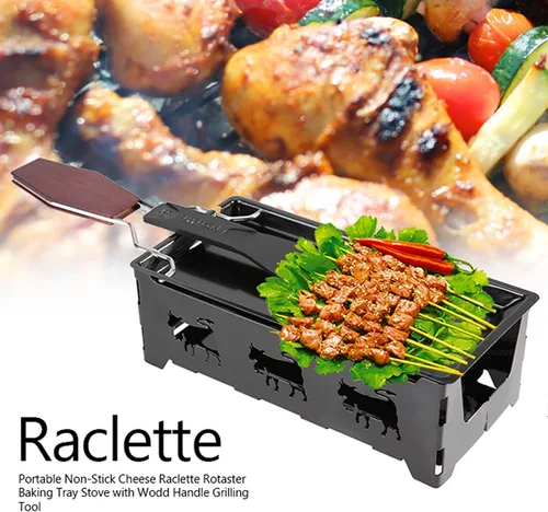 Vista 3 de Raclette - Parrilla de mesa de raclette, máquina de raclette antiadherente para queso, bandeja para hornear con mango de madera, parrilla coreana